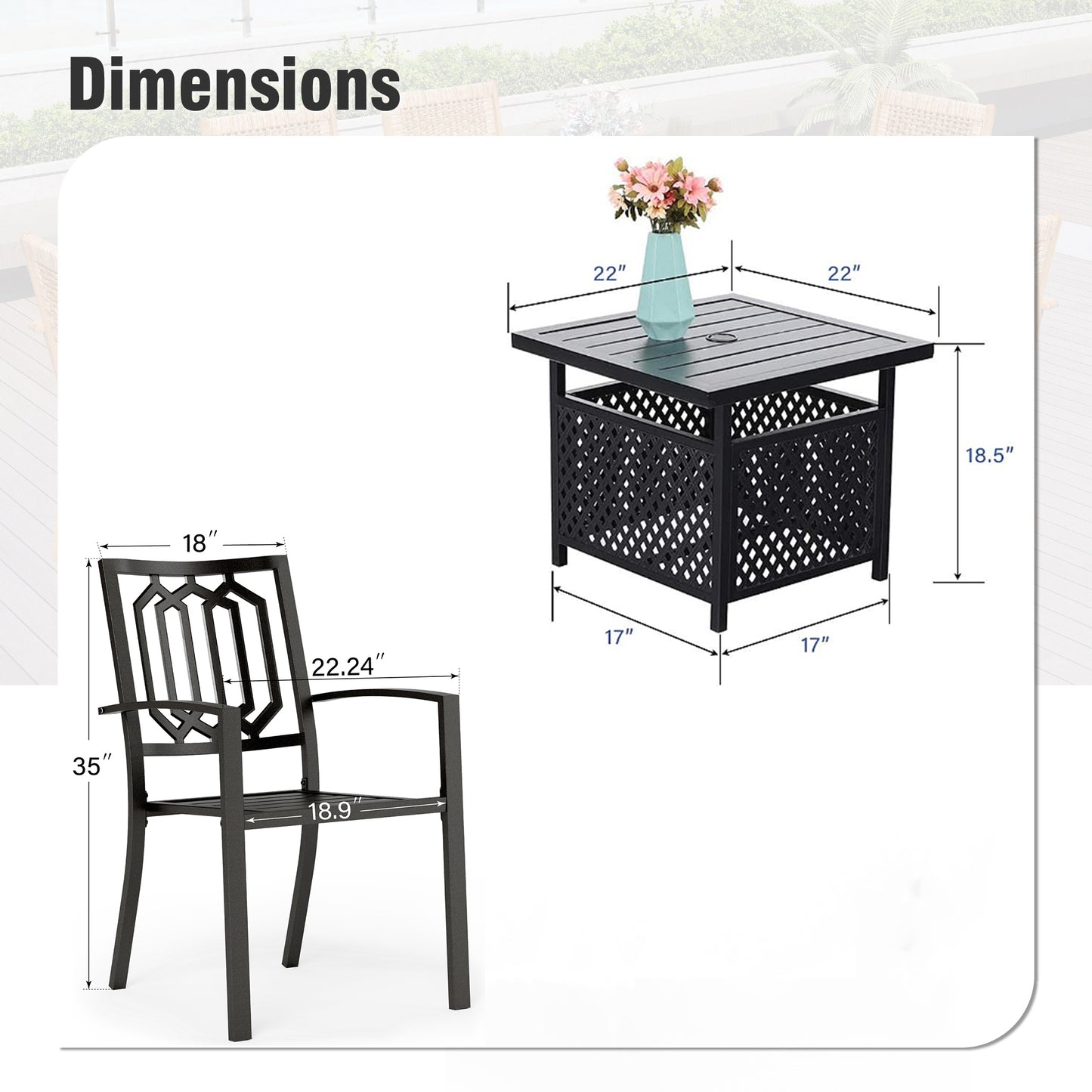 Captiva Designs 3pc Outdoor Patio Slatted Tabletop Square Dining Steel Table & Arm Chairs