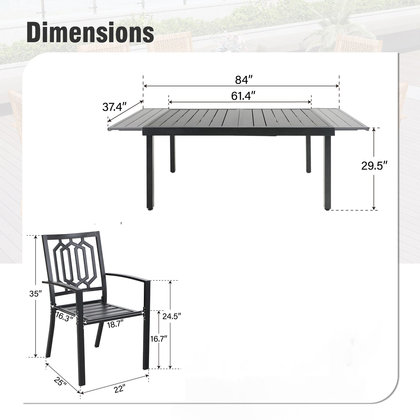 Captiva Designs 7pc Patio Slat-top Rectangle Dining Steel Table & Armrest Metal Chairs