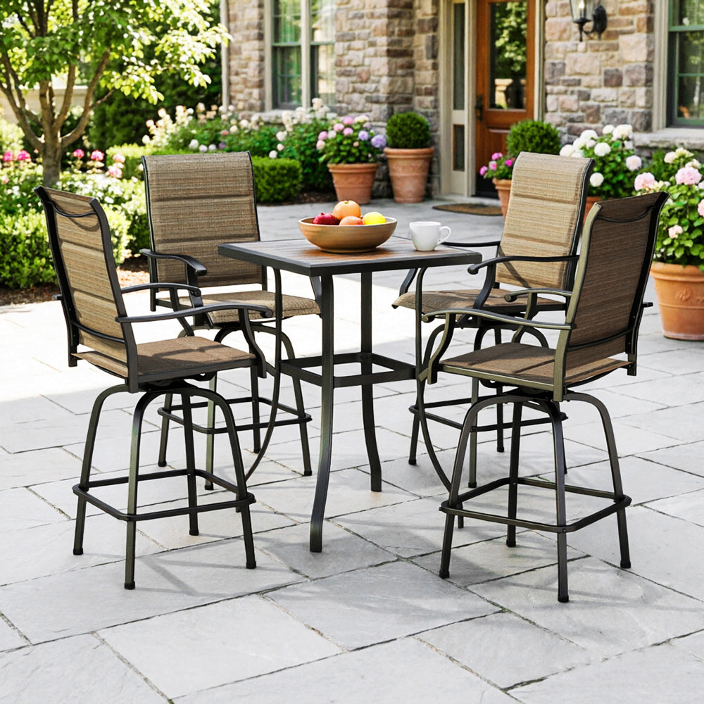 Captiva Designs 5Pc Outdoor Patio Dining Bar Set with Steel Steel Table & Sling Swivel Bar Stools