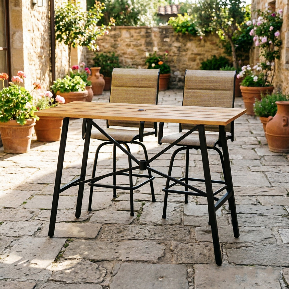 Captiva Designs 3pc Patio Slat-top Rectangle Wood-look Finished Metal Bar Table & Sling Swivel Bar Stools
