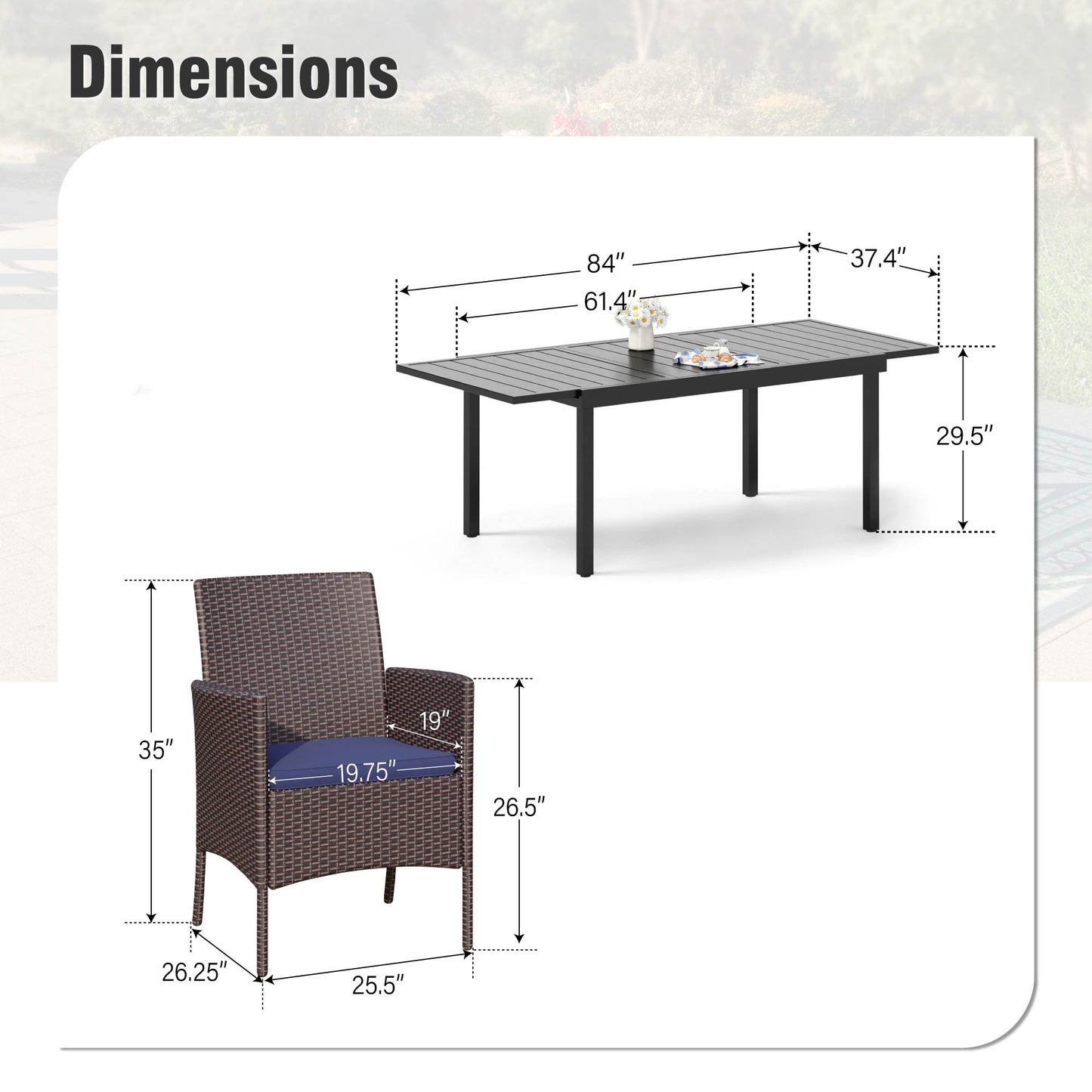 Captiva Designs 7pc Patio Slat-top Expandable Metal Dining Table & Armrest Wicker Chairs with Cushions