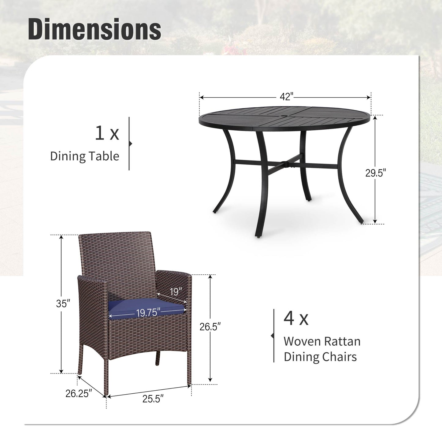 Captiva Designs 5pc Patio Dining Set Steel Frame Table with Umbrella Hole & Rattan Chairs with Removable Cushions