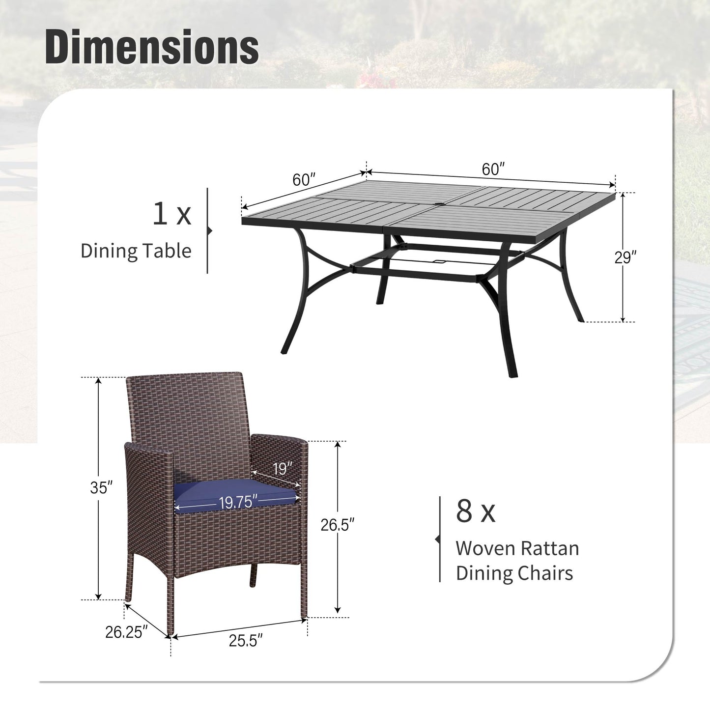 Captiva Designs 9pc Patio Spacious Slat-top Square Metal Table & Armrest Rattan Chairs with Cushions