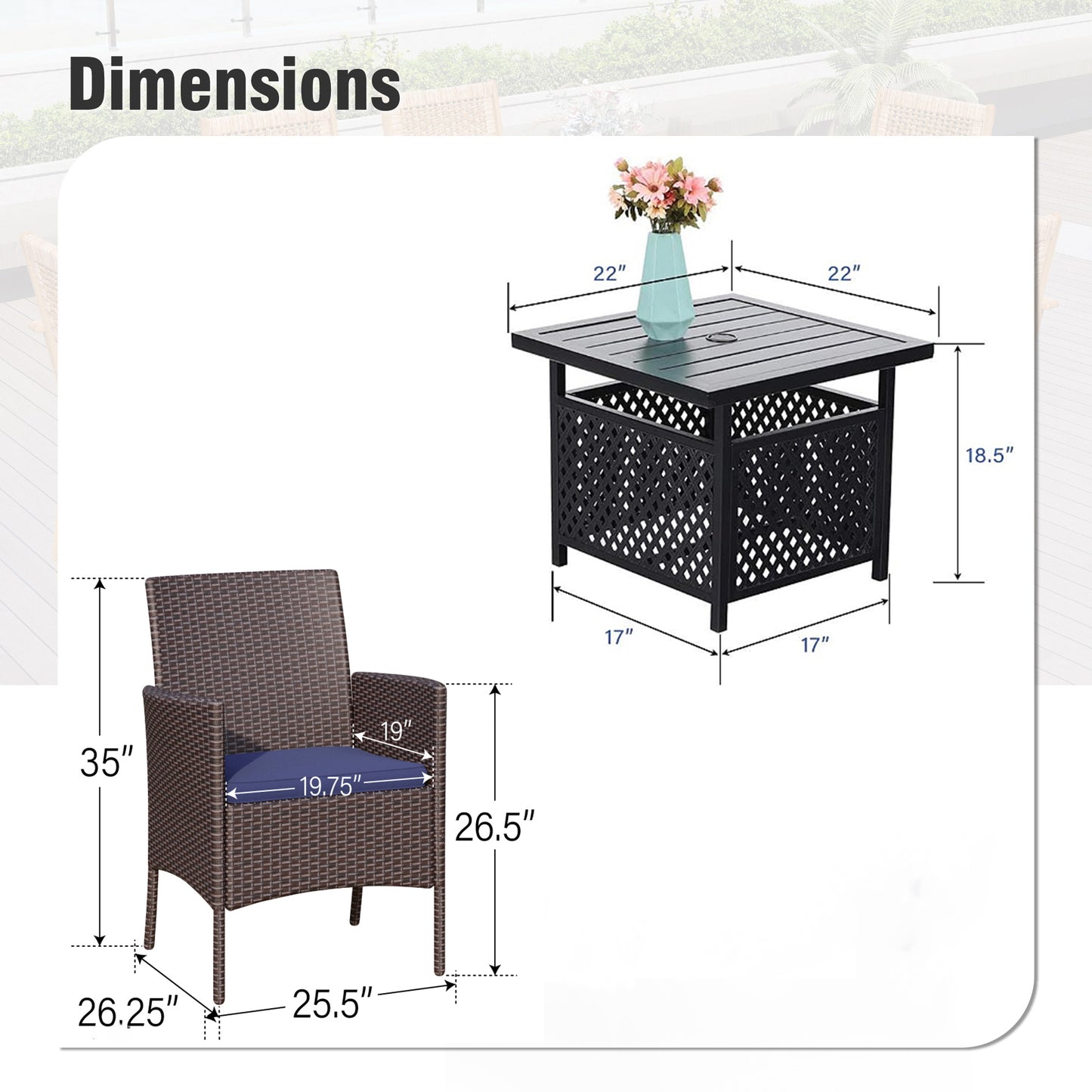 Captiva Designs 3pc Outdoor Patio Slatted Tabletop Square Dining Steel Table & Arm Chairs