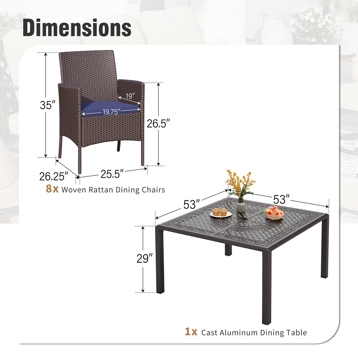Captiva Designs Outdoor 9Pc Cast Aluminum Square Metal Dining Table with Umbrella Hole & Cushioned Wicker Rattan Chairs