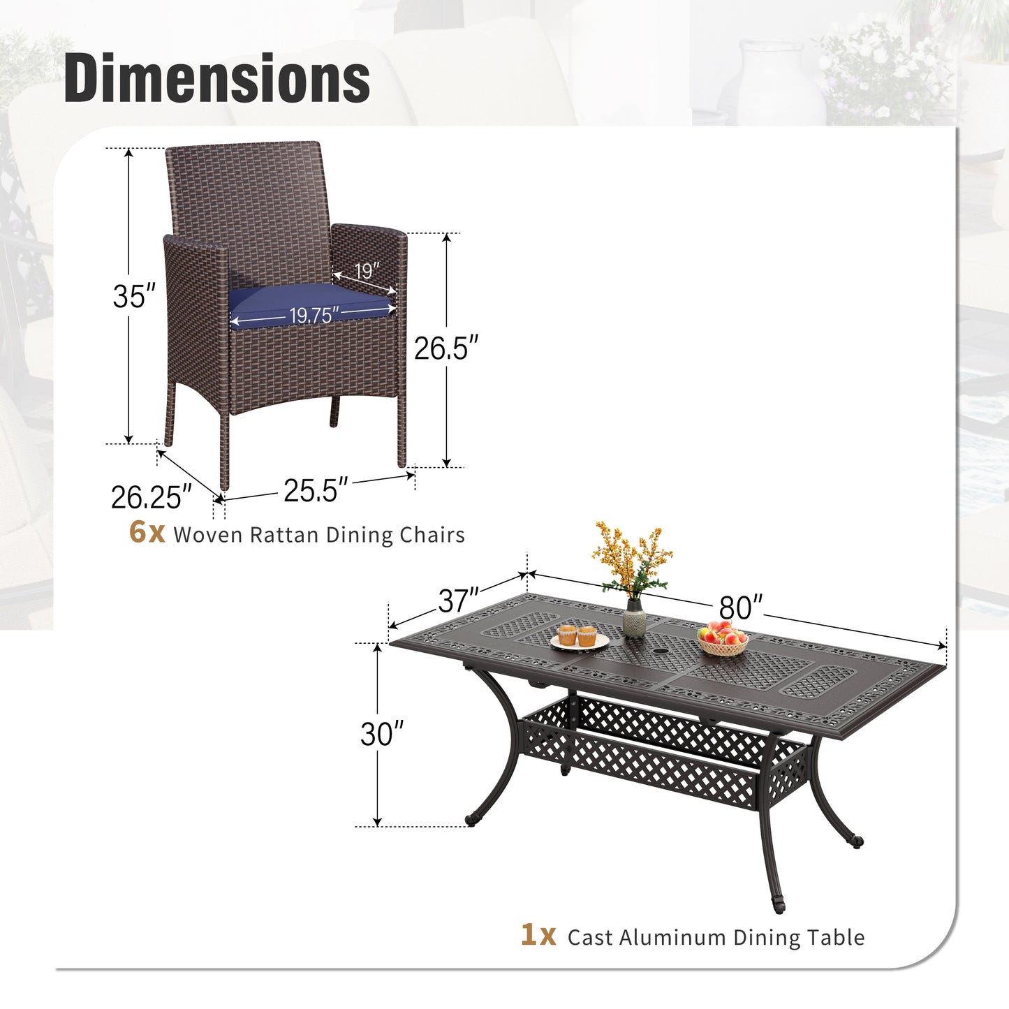 Captiva Designs Outdoor 7Pc Cast Aluminum Square Metal Dining Table with Umbrella Hole & Cushioned Wicker Rattan Chairs