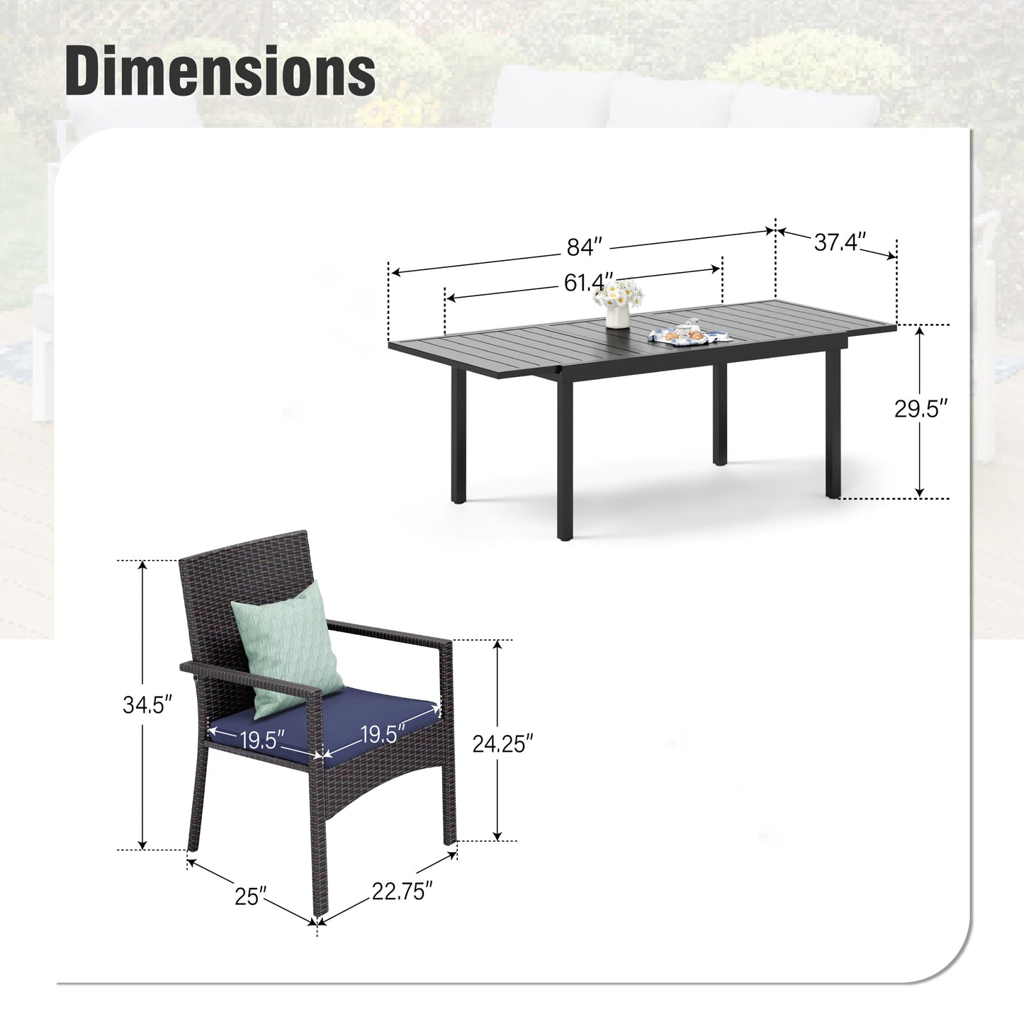 Captiva Designs 7pc Patio Slat-top Expandable Metal Dining Table & Armrest Wicker Chairs with Cushions