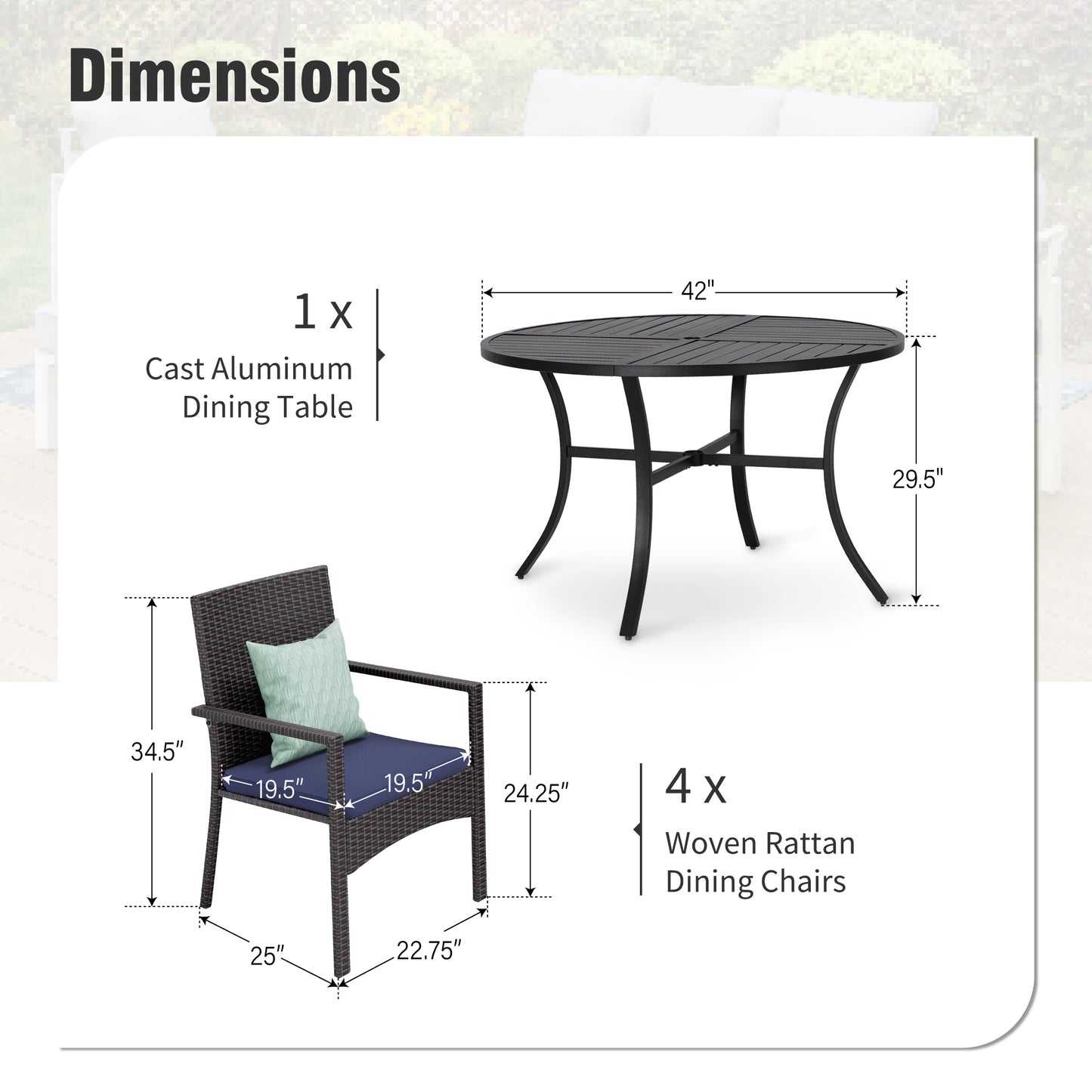 Captiva Designs 5pc Patio Dining Set Steel Frame Table with Umbrella Hole & Rattan Chairs with Removable Cushions