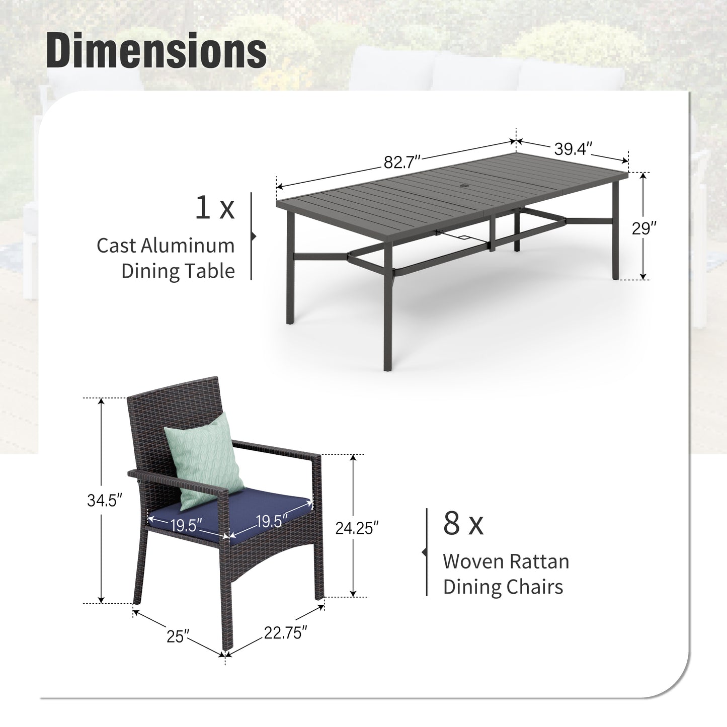 Captiva Designs 9pc Spacious Slat-top Rectangle Metal Table with Umbrella Hole & Armrest Rattan Chairs