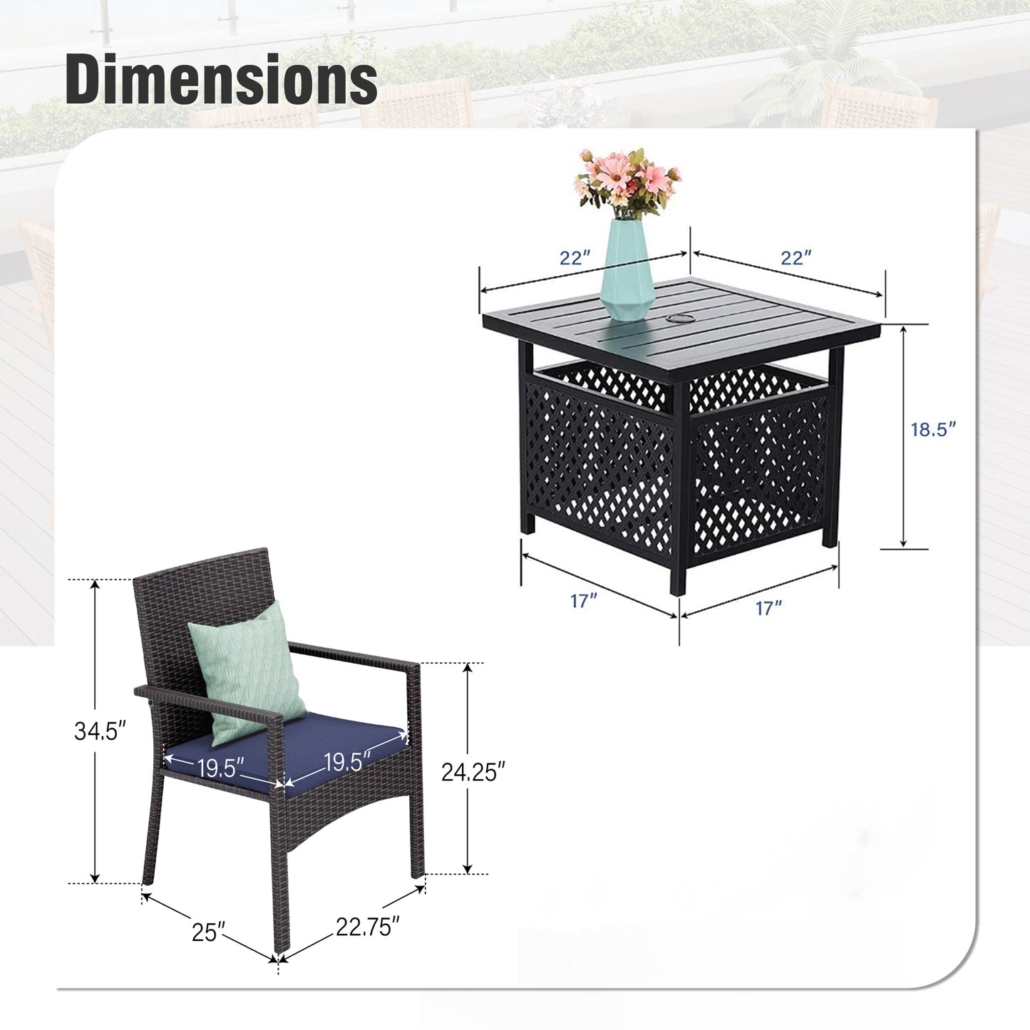 Captiva Designs 3pc Outdoor Patio Slatted Tabletop Square Dining Steel Table & Arm Chairs