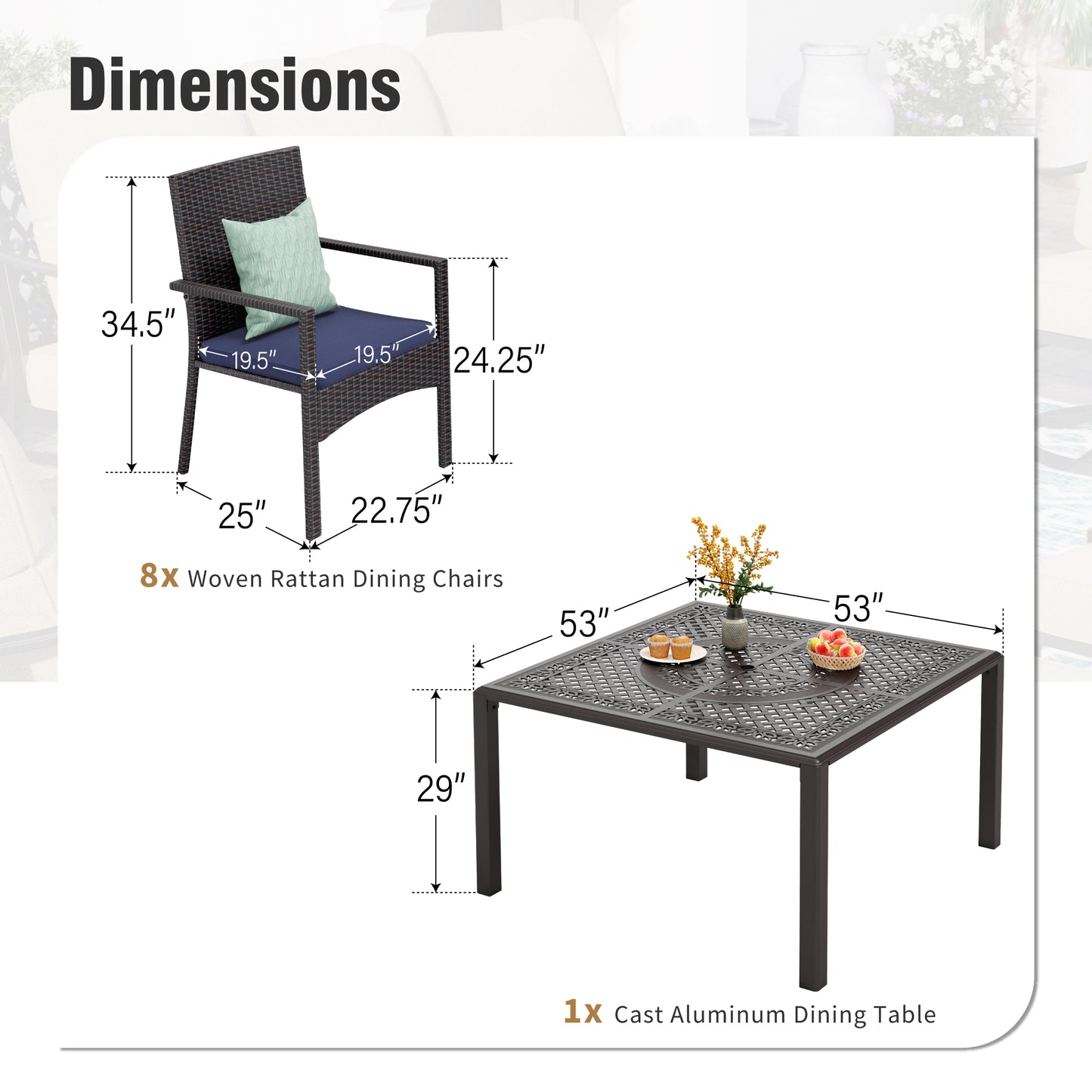Captiva Designs Outdoor 9Pc Cast Aluminum Square Metal Dining Table with Umbrella Hole & Cushioned Wicker Rattan Chairs