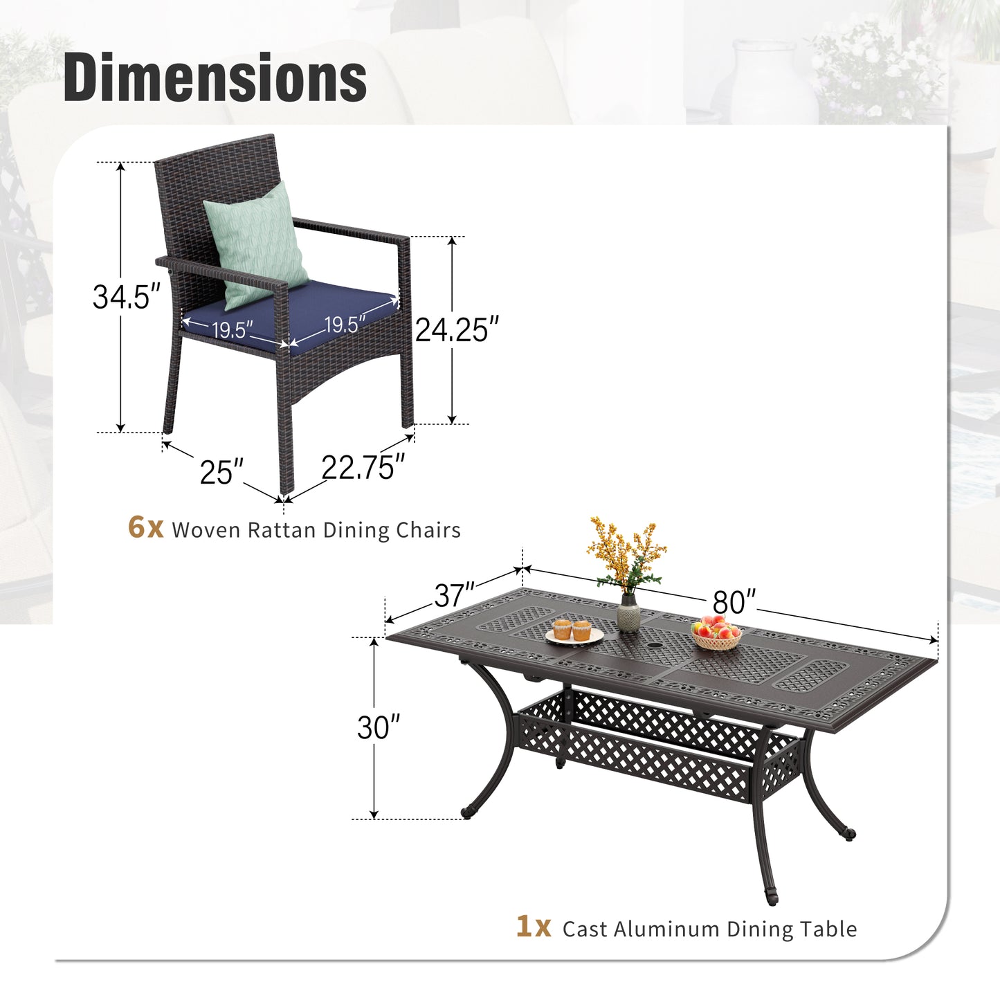 Captiva Designs Outdoor 7Pc Cast Aluminum Square Metal Dining Table with Umbrella Hole & Cushioned Wicker Rattan Chairs
