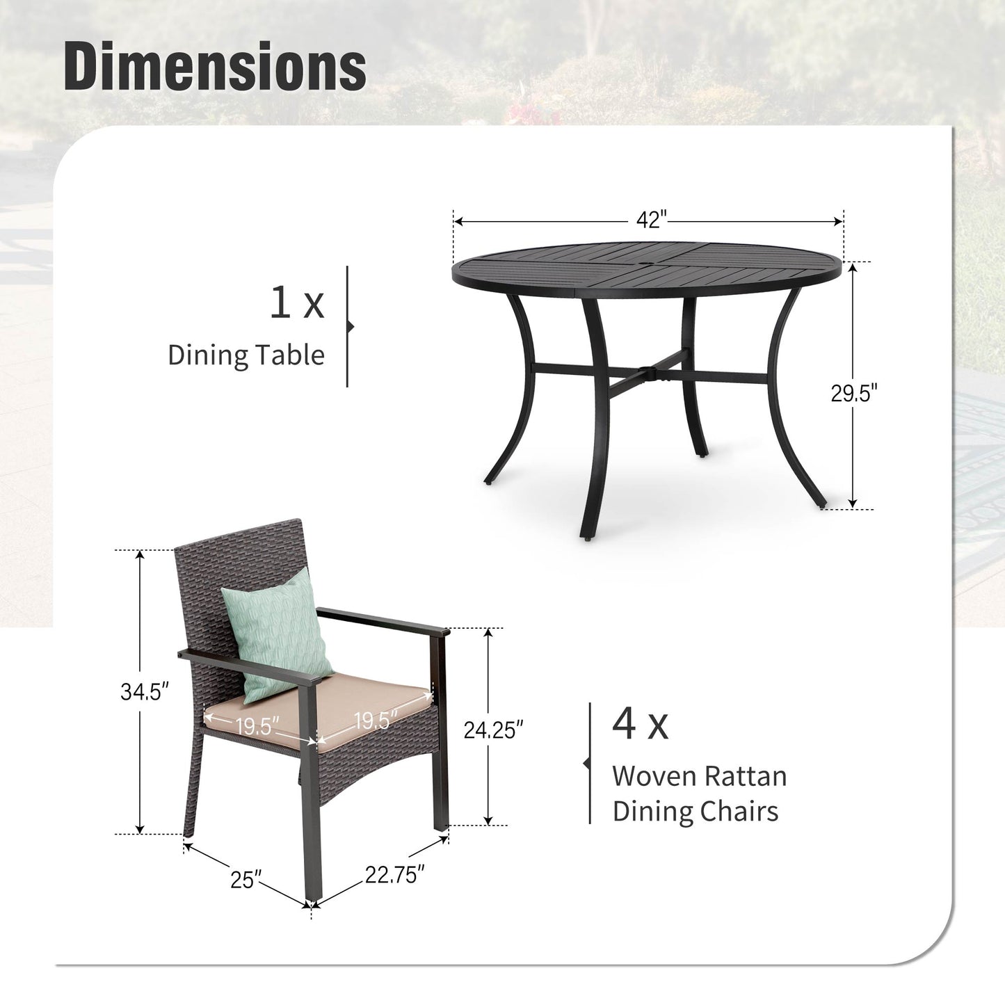 Captiva Designs 5pc Patio Dining Set Steel Frame Table with Umbrella Hole & Rattan Chairs with Removable Cushions