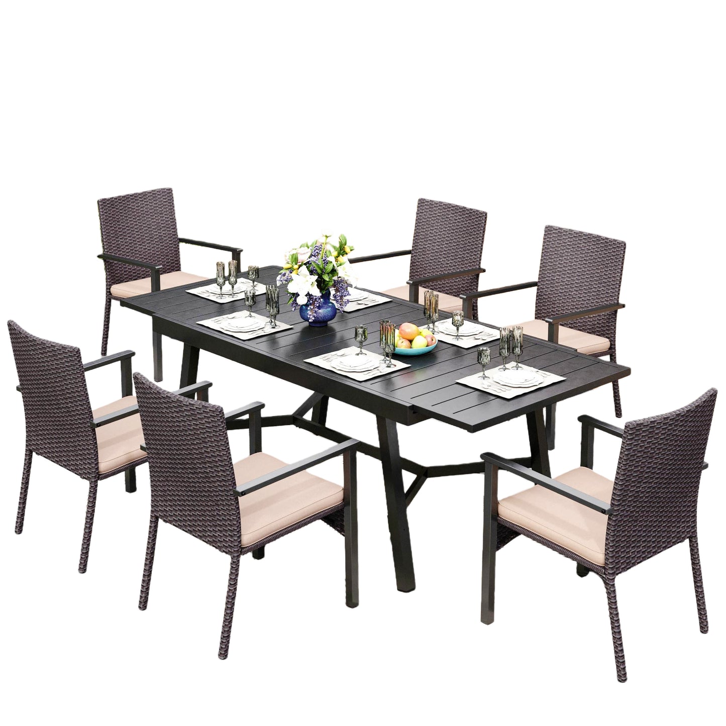 Captiva Designs 7pc Patio Slat-top Expandable Metal Dining Table & Armrest Wicker Chairs with Cushions