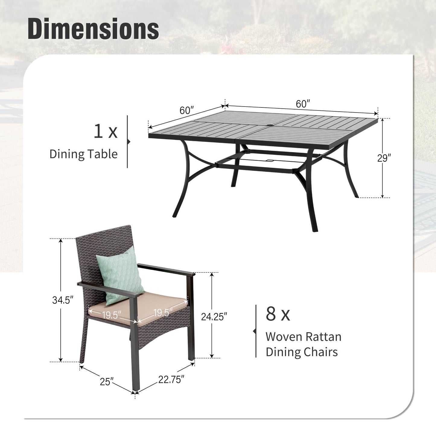 Captiva Designs 9pc Patio Spacious Slat-top Square Metal Table & Armrest Rattan Chairs with Cushions
