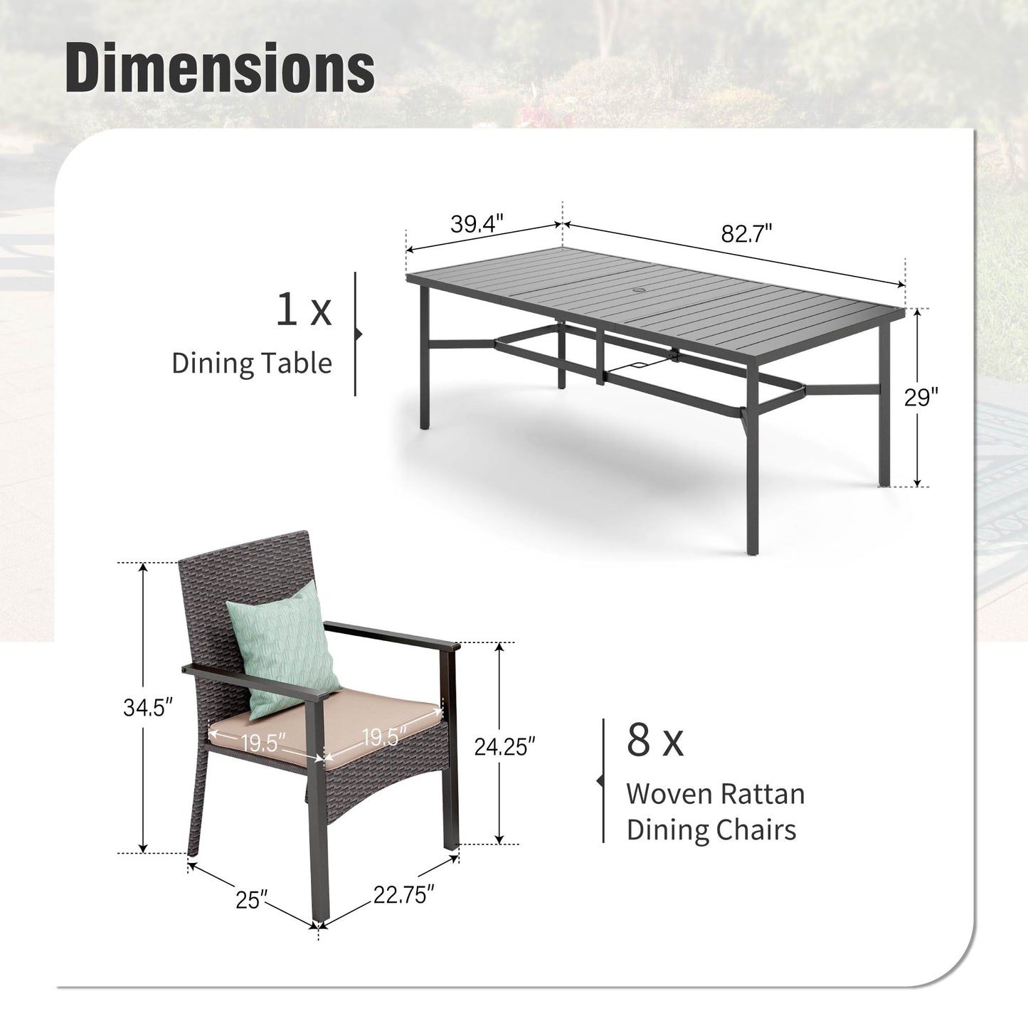 Captiva Designs 9pc Spacious Slat-top Rectangle Metal Table with Umbrella Hole & Armrest Rattan Chairs