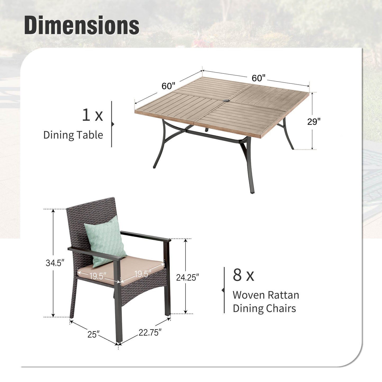 Captiva Designs 9pc Patio Spacious Slat-top Square Metal Table & Armrest Rattan Chairs with Cushions
