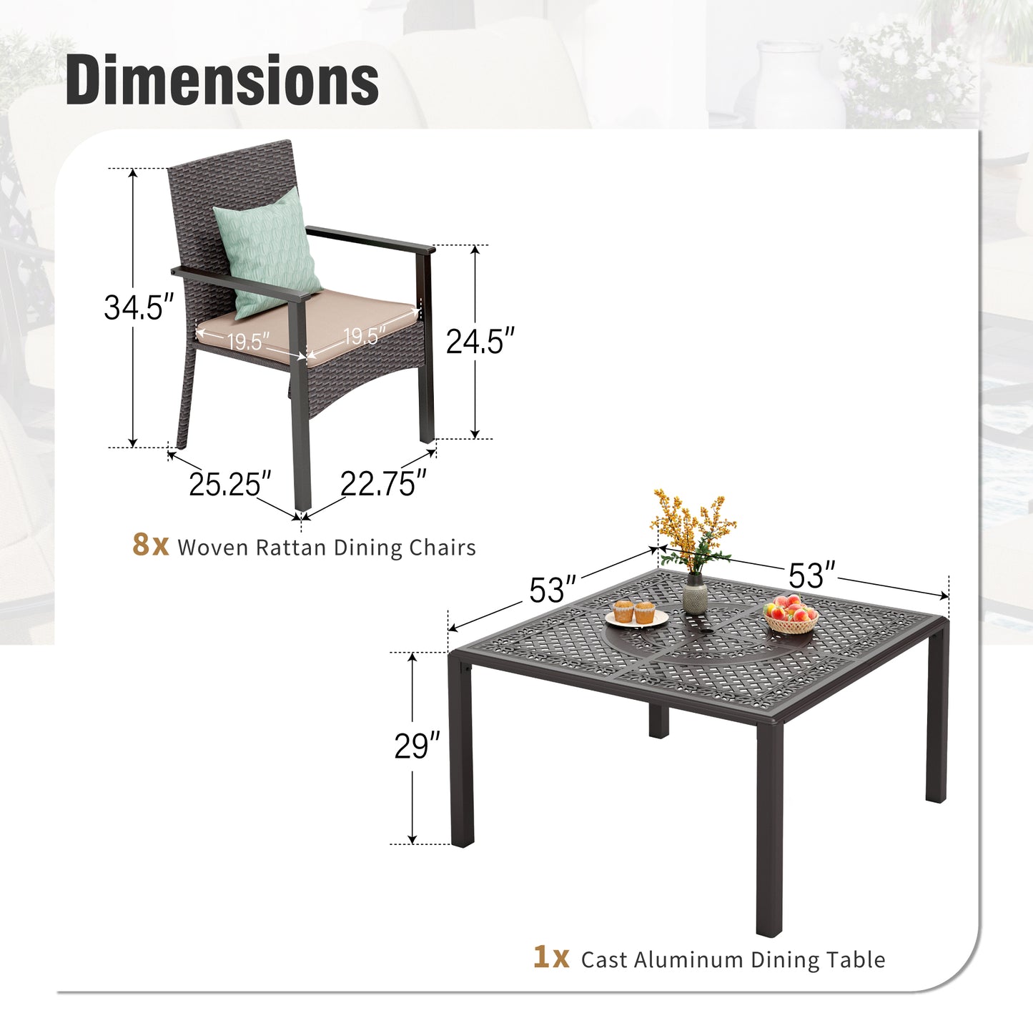 Captiva Designs Outdoor 9Pc Cast Aluminum Square Metal Dining Table with Umbrella Hole & Cushioned Wicker Rattan Chairs