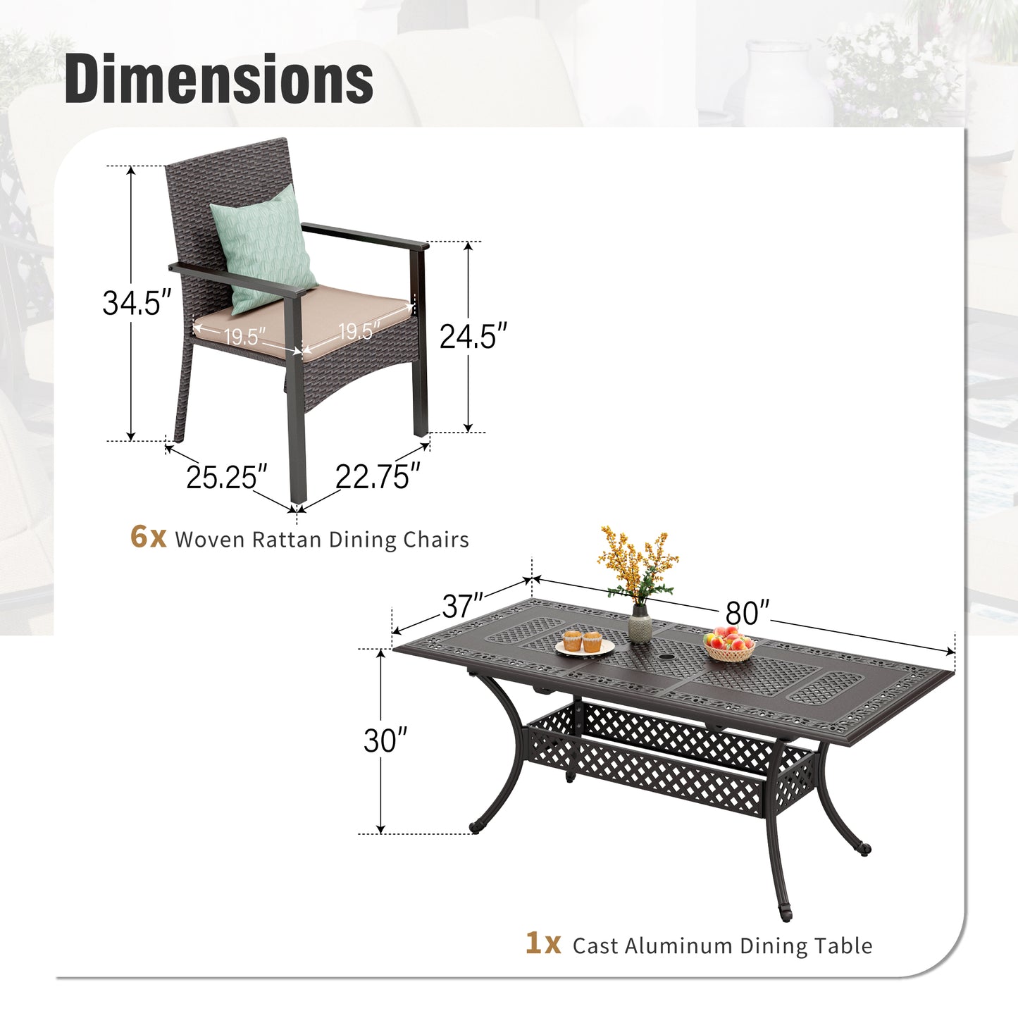 Captiva Designs Outdoor 7Pc Cast Aluminum Square Metal Dining Table with Umbrella Hole & Cushioned Wicker Rattan Chairs