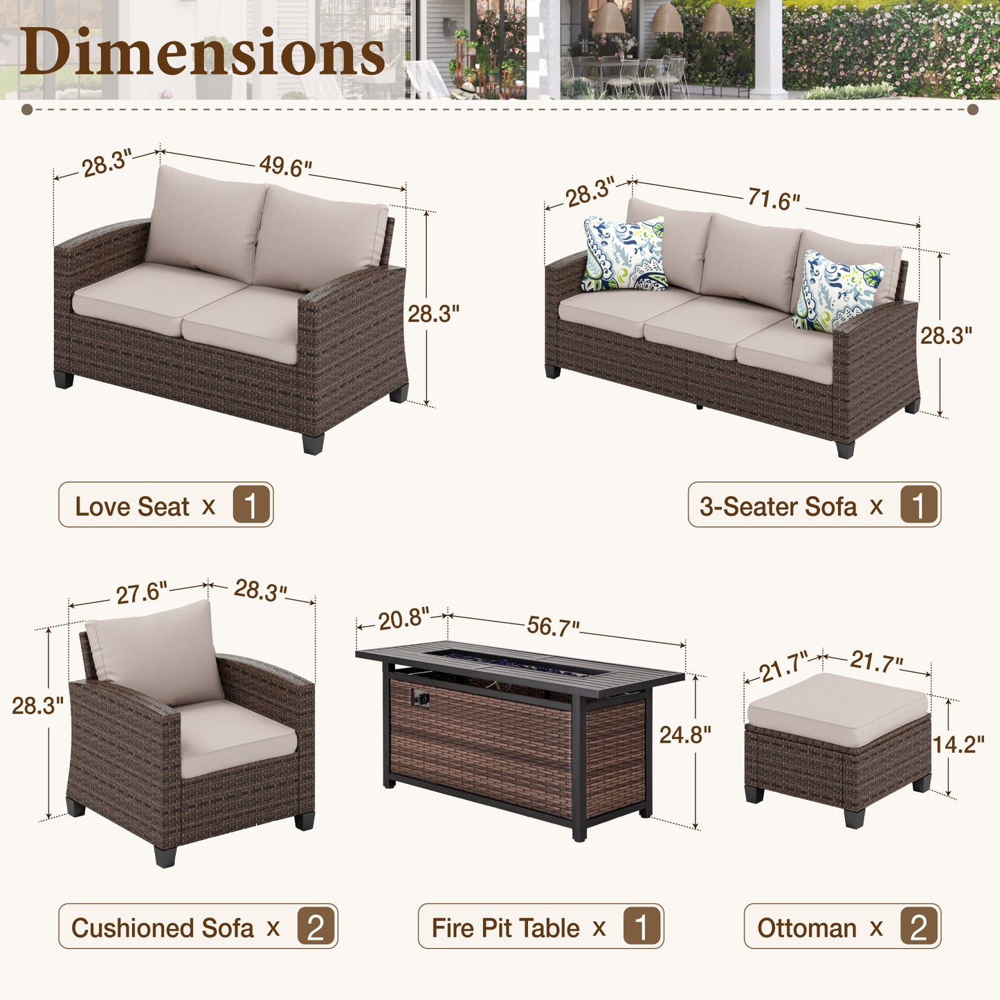 Captiva Designs 7pc Outdoor Patio Wicker Rattan Cushioned Fire Pit Set with Ottomans and Loveseat