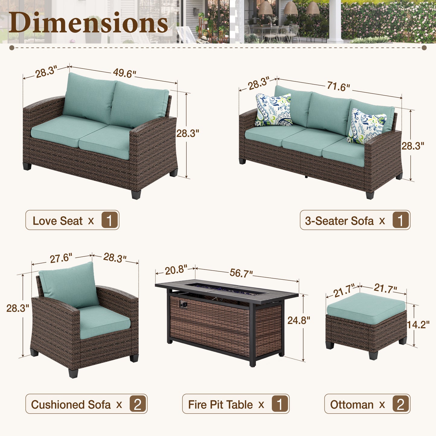 Captiva Designs 7pc Outdoor Patio Wicker Rattan Cushioned Fire Pit Set with Ottomans and Loveseat