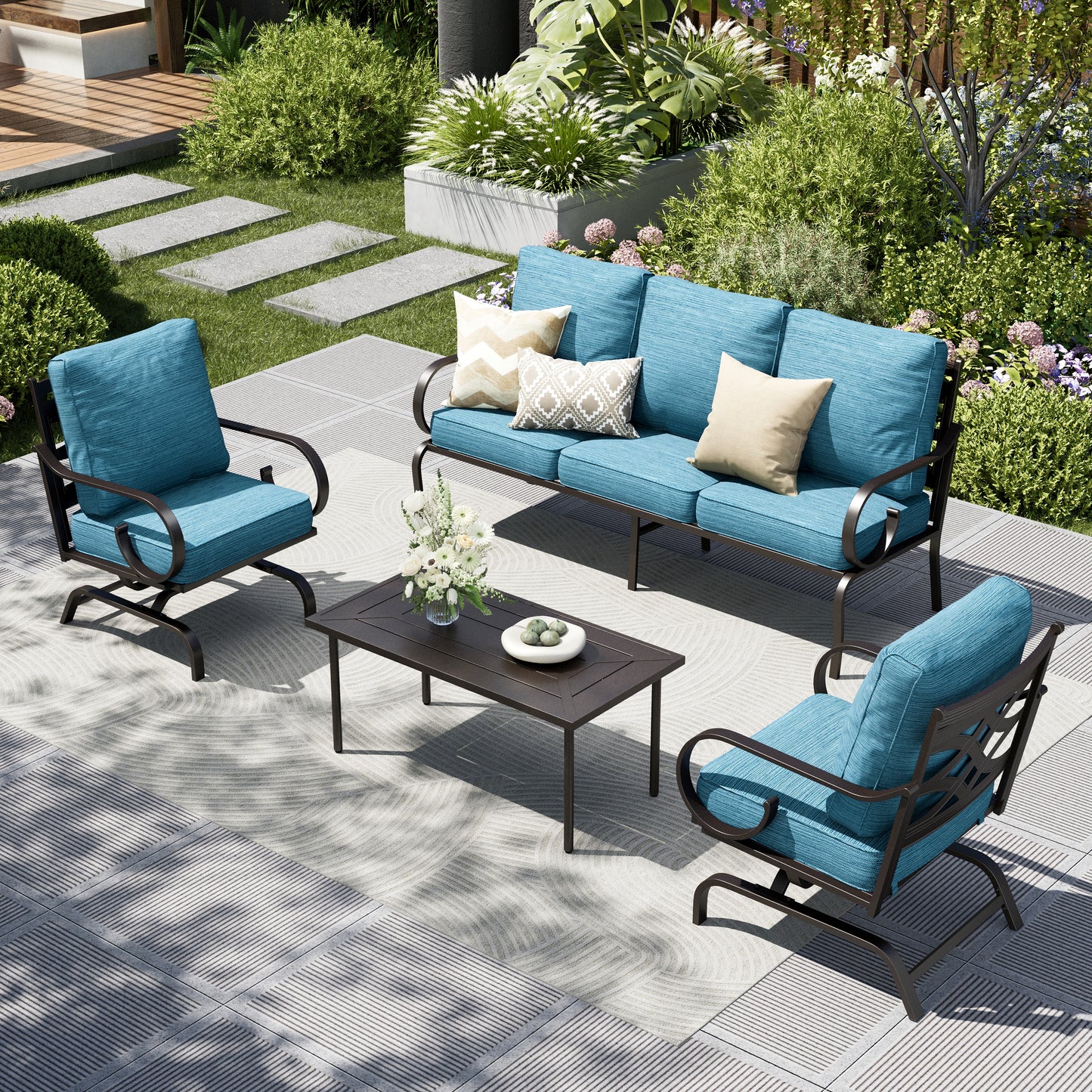 Captiva Designs 4pc Extra Large Metal Pattern-back Outdoor Patio Conversation Set with Coffee Table