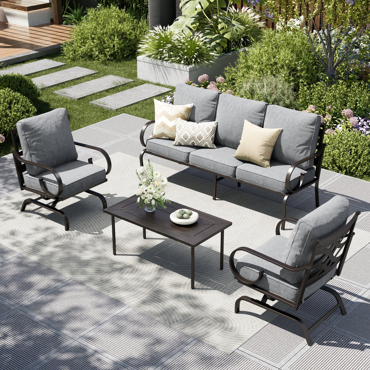 Captiva Designs 4pc Extra Large Metal Pattern-back Outdoor Patio Conversation Set with Coffee Table