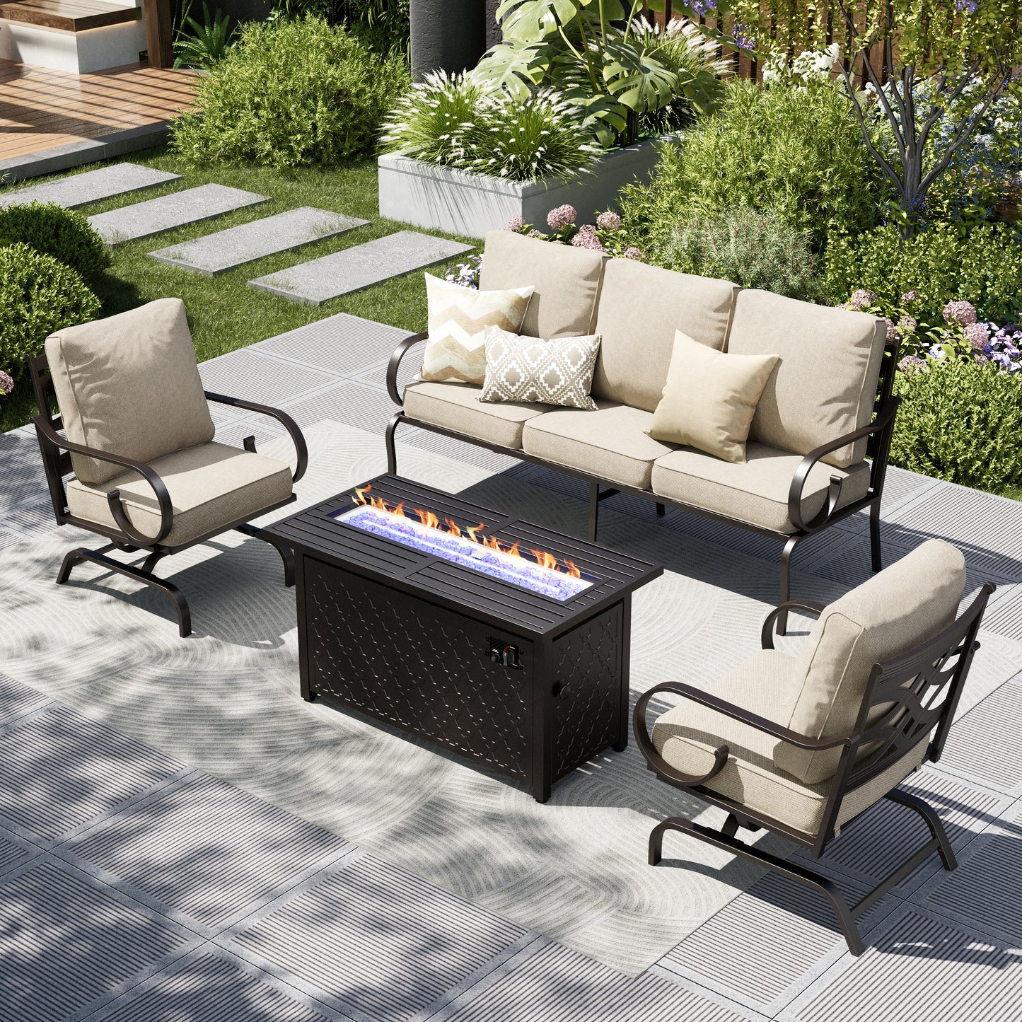 Captiva Designs 4pc Extra Large Metal Pattern-back Outdoor Patio Conversation Set with Fire Pit Table