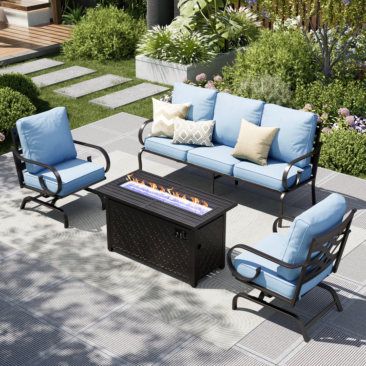 Captiva Designs 4pc Extra Large Metal Pattern-back Outdoor Patio Conversation Set with Fire Pit Table