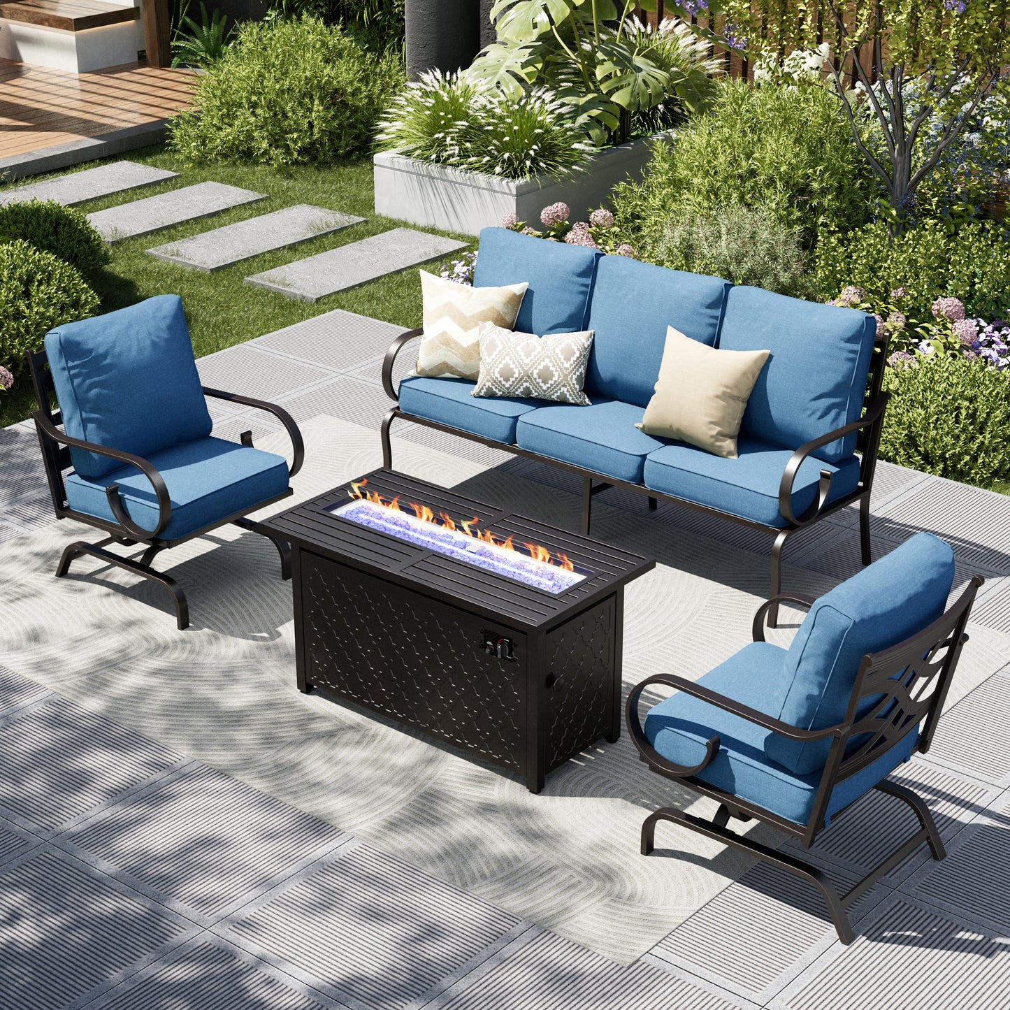 Captiva Designs 4pc Extra Large Metal Pattern-back Outdoor Patio Conversation Set with Fire Pit Table