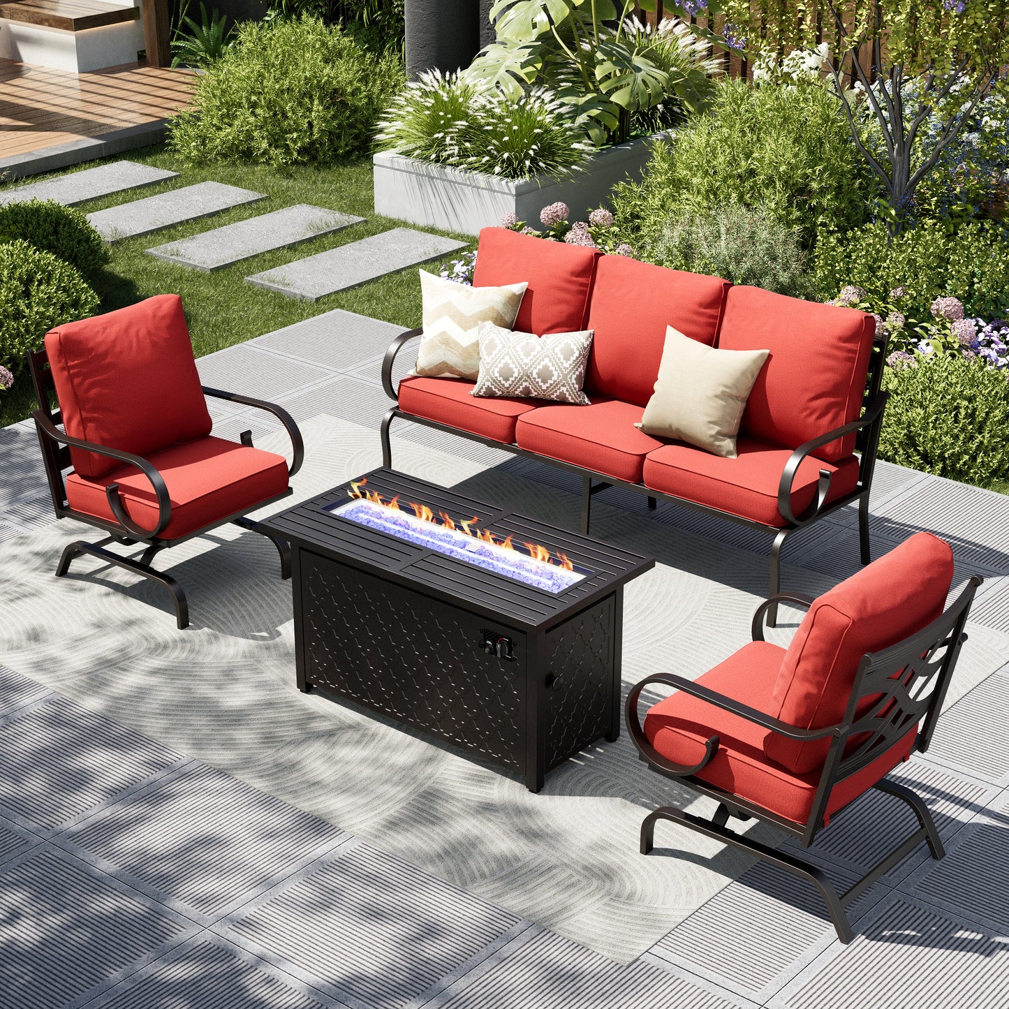Captiva Designs 4pc Extra Large Metal Pattern-back Outdoor Patio Conversation Set with Fire Pit Table