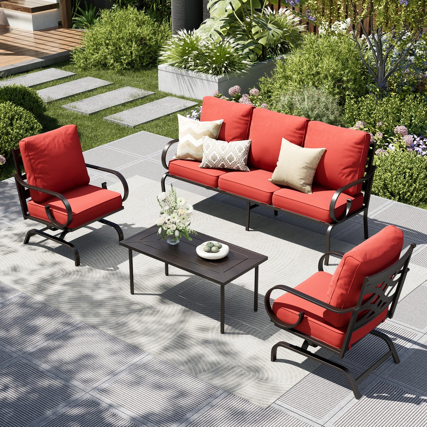 Captiva Designs 4pc Extra Large Metal Pattern-back Outdoor Patio Conversation Set with Coffee Table