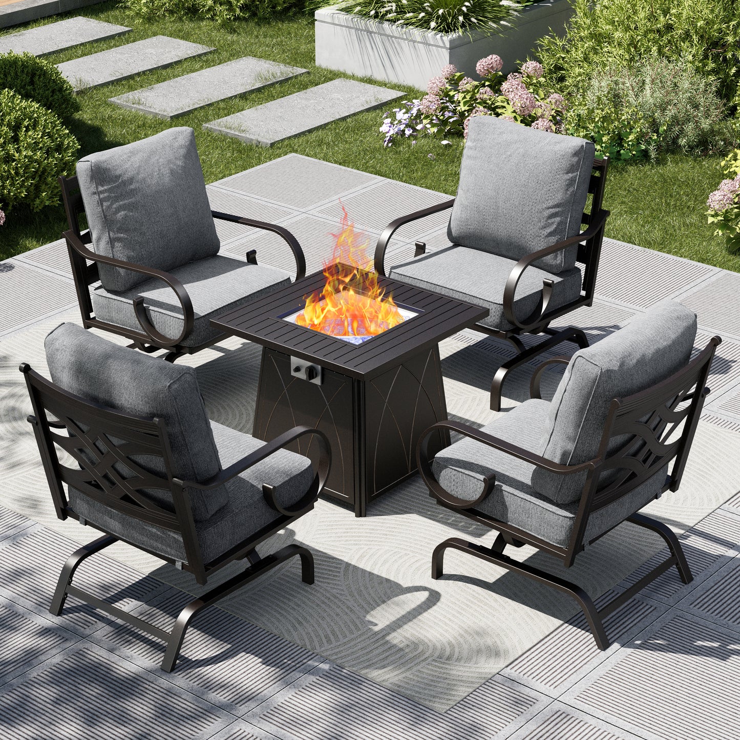 Captiva Designs 6pc Extra Large Metal Pattern-back Outdoor Patio Conversation Set with Fire Pit Table