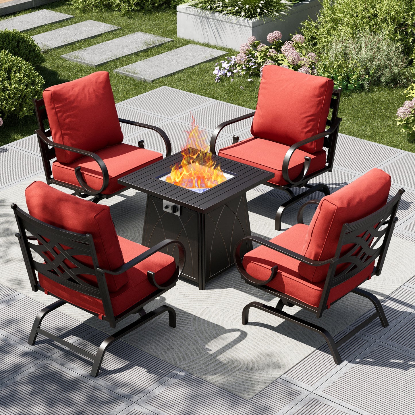 Captiva Designs 6pc Extra Large Metal Pattern-back Outdoor Patio Conversation Set with Fire Pit Table