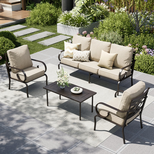 Captiva Designs 4pc Extra Large Metal Pattern-back Outdoor Patio Conversation Set with Coffee Table