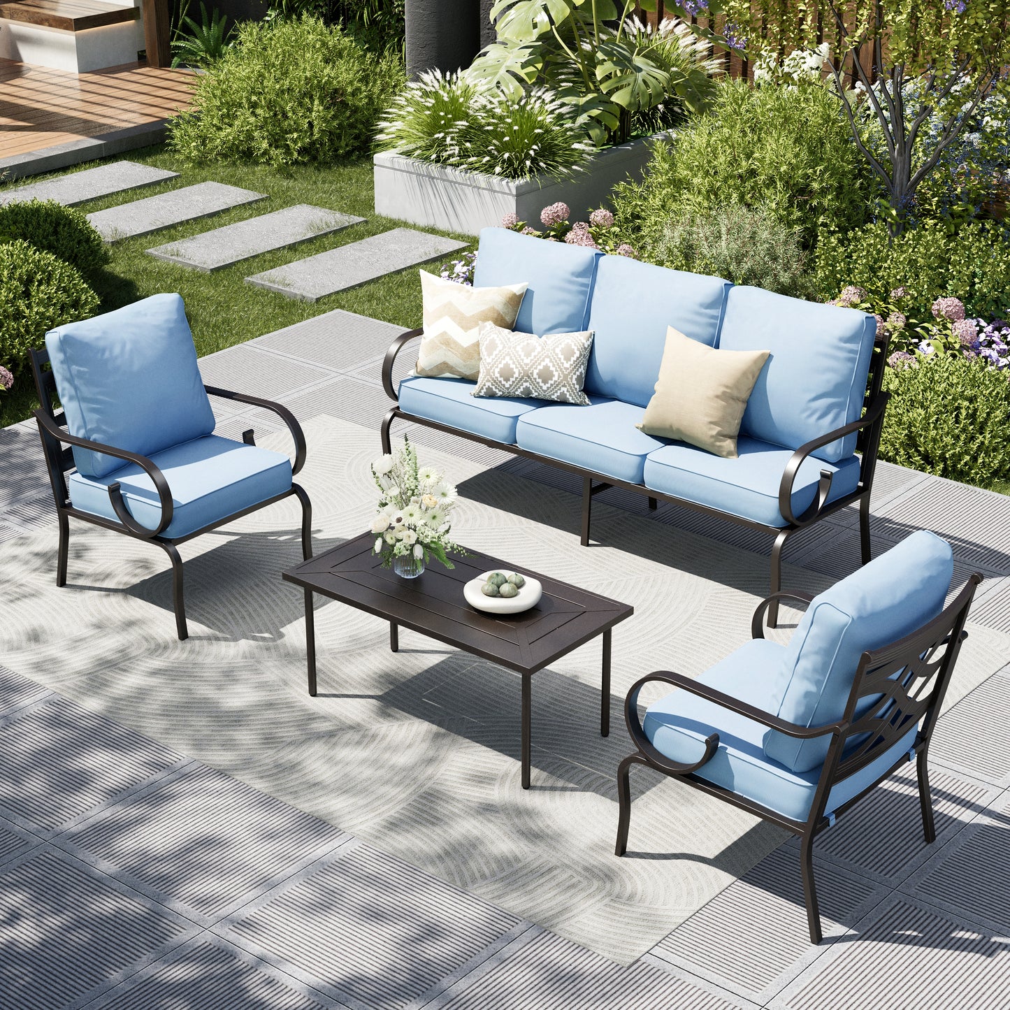 Captiva Designs 4pc Extra Large Metal Pattern-back Outdoor Patio Conversation Set with Coffee Table