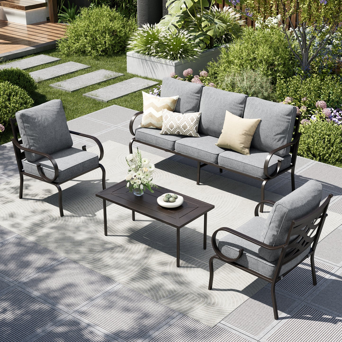 Captiva Designs 4pc Extra Large Metal Pattern-back Outdoor Patio Conversation Set with Coffee Table