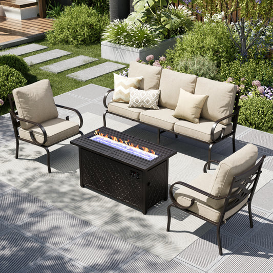 Captiva Designs 4pc Extra Large Metal Pattern-back Outdoor Patio Conversation Set with Fire Pit Table
