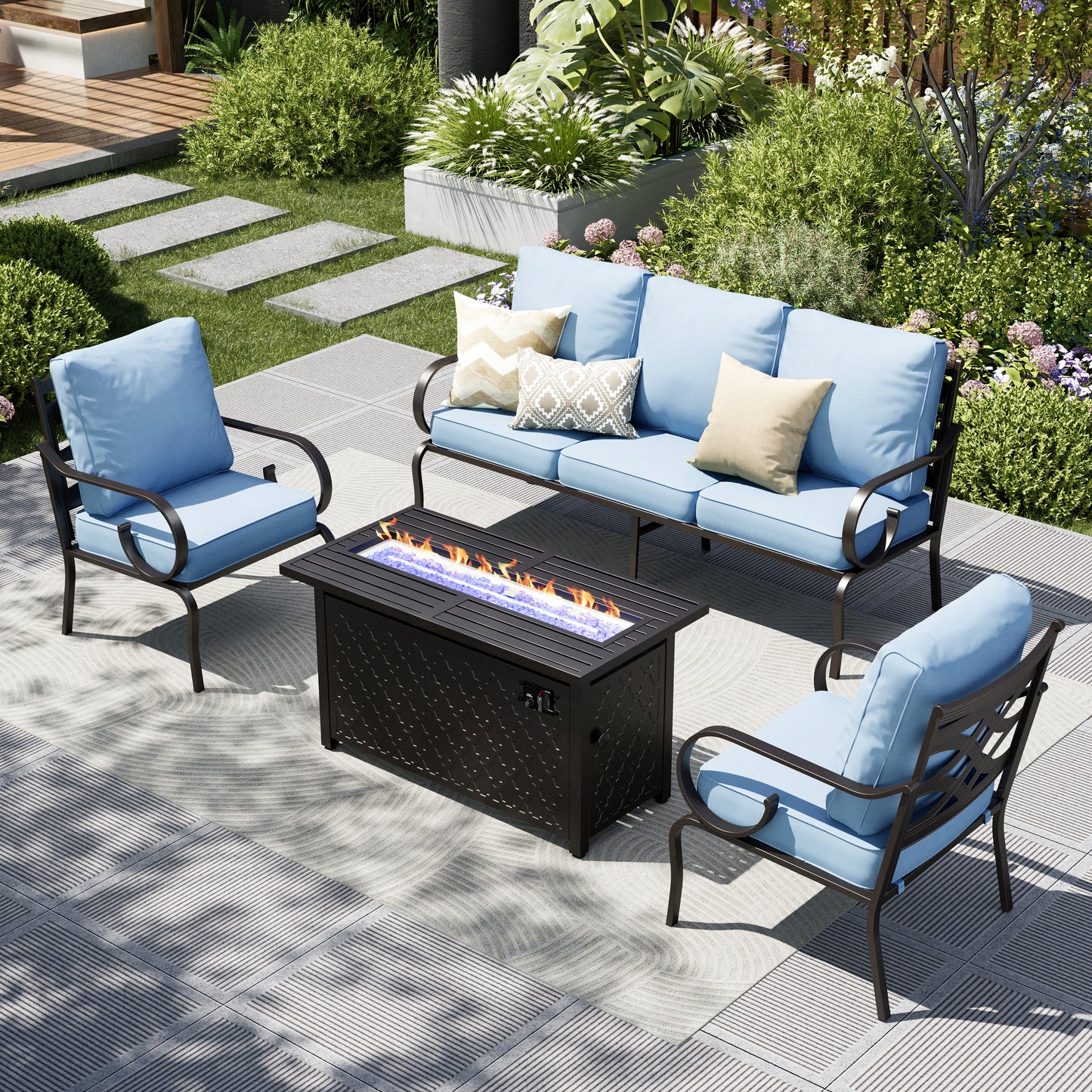 Captiva Designs 4pc Extra Large Metal Pattern-back Outdoor Patio Conversation Set with Fire Pit Table