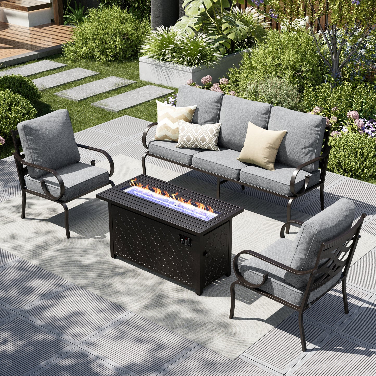 Captiva Designs 4pc Extra Large Metal Pattern-back Outdoor Patio Conversation Set with Fire Pit Table