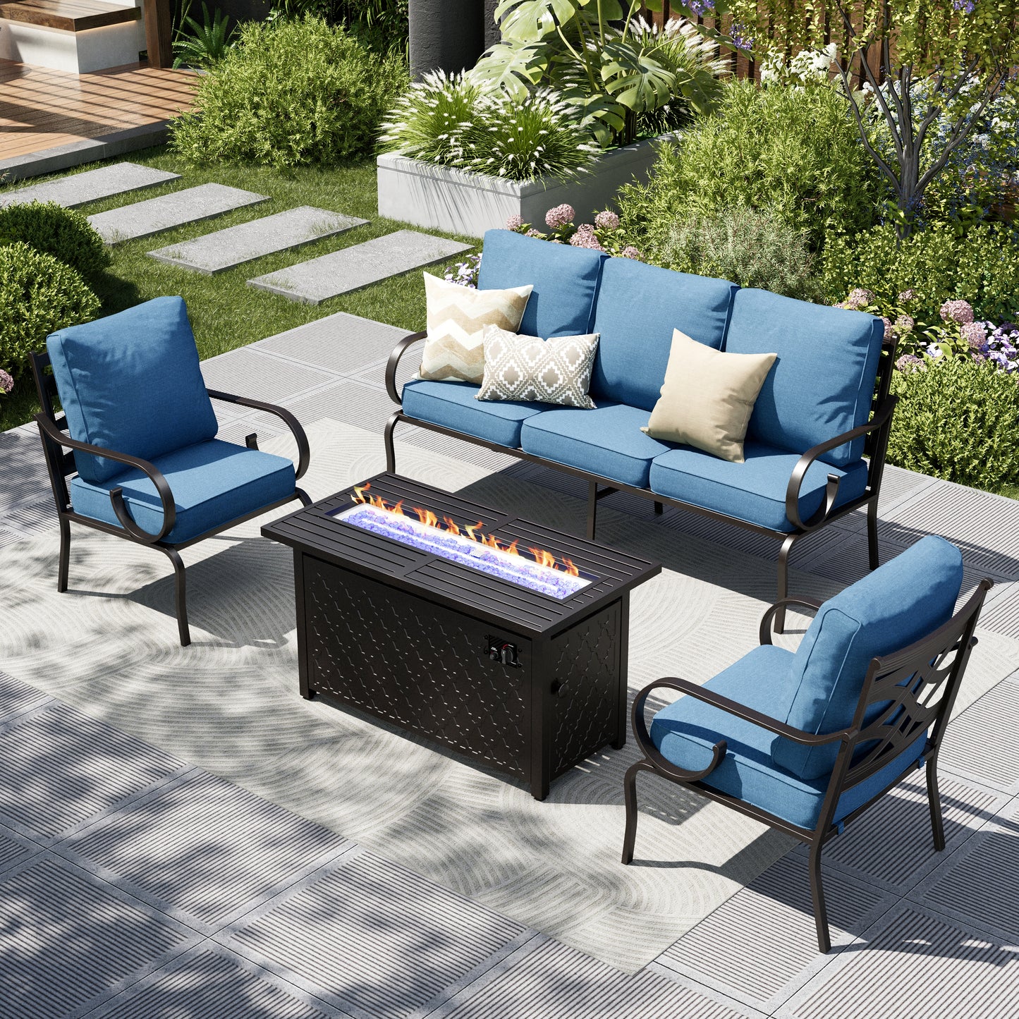 Captiva Designs 4pc Extra Large Metal Pattern-back Outdoor Patio Conversation Set with Fire Pit Table