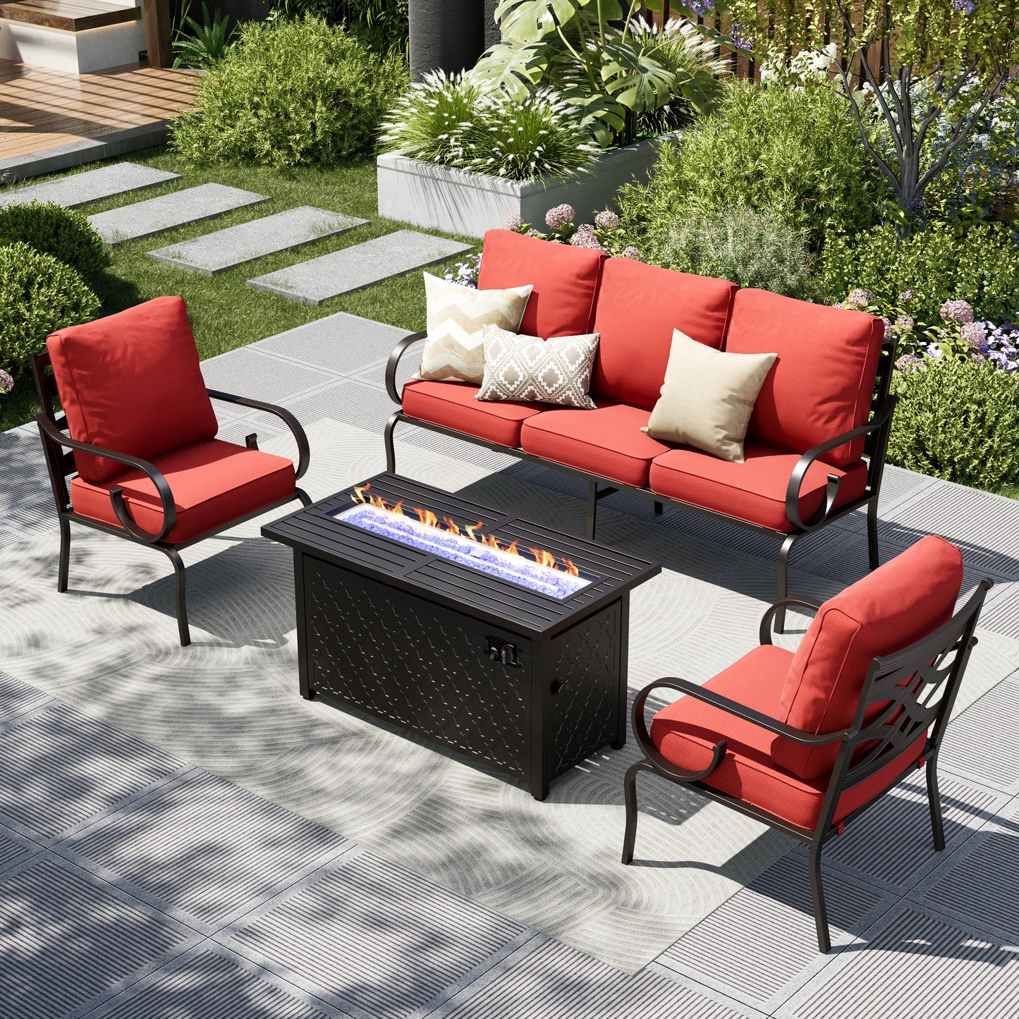 Captiva Designs 4pc Extra Large Metal Pattern-back Outdoor Patio Conversation Set with Fire Pit Table
