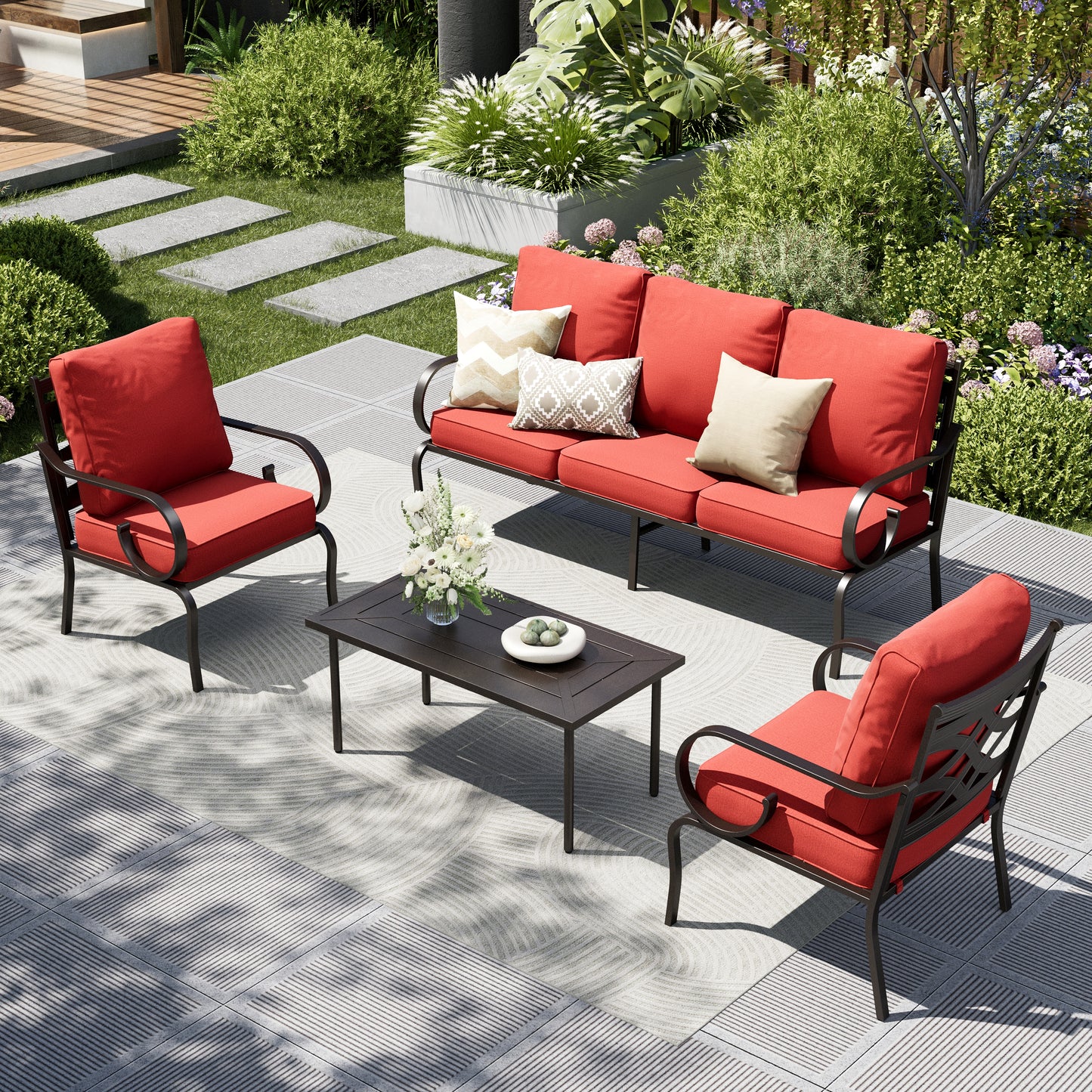 Captiva Designs 4pc Extra Large Metal Pattern-back Outdoor Patio Conversation Set with Coffee Table