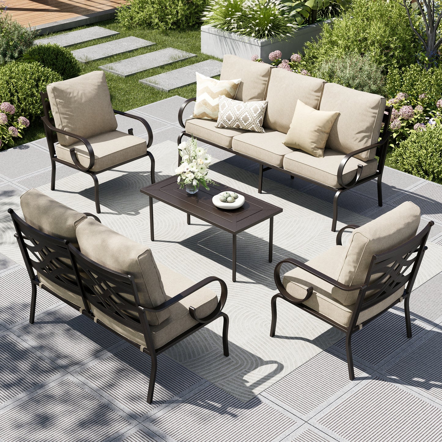 Captiva Designs 5pc Extra Large Metal Pattern-back Outdoor Patio Conversation Set with Loveseat