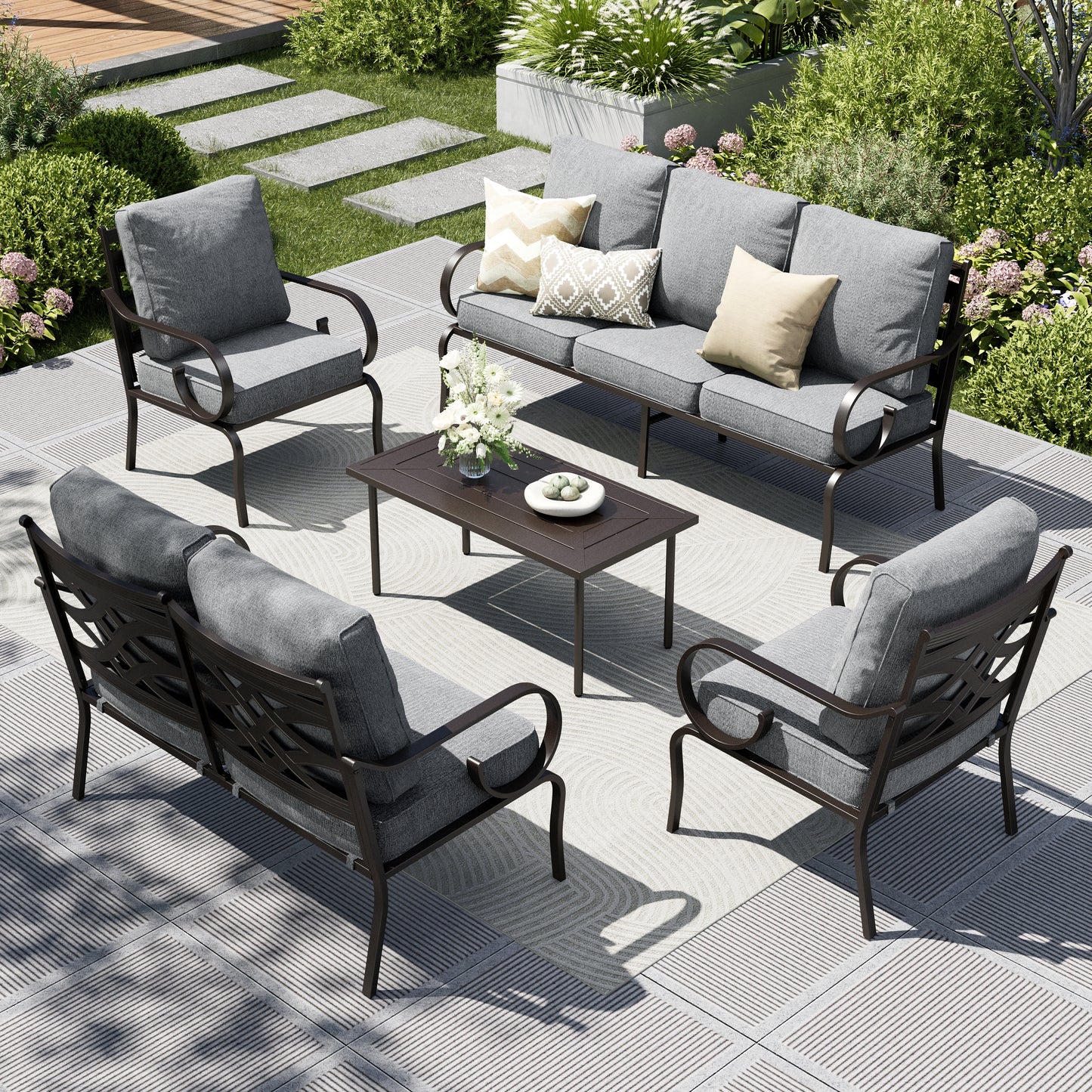 Captiva Designs 5pc Extra Large Metal Pattern-back Outdoor Patio Conversation Set with Loveseat
