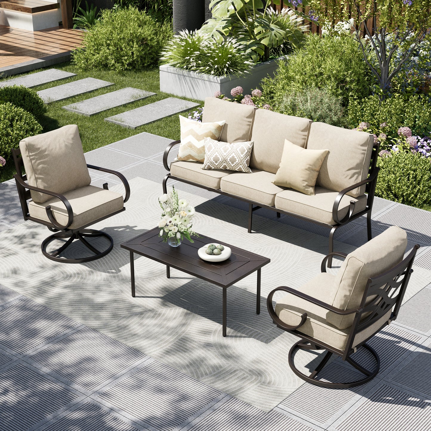 Captiva Designs 4pc Extra Large Metal Pattern-back Outdoor Patio Conversation Set with Coffee Table