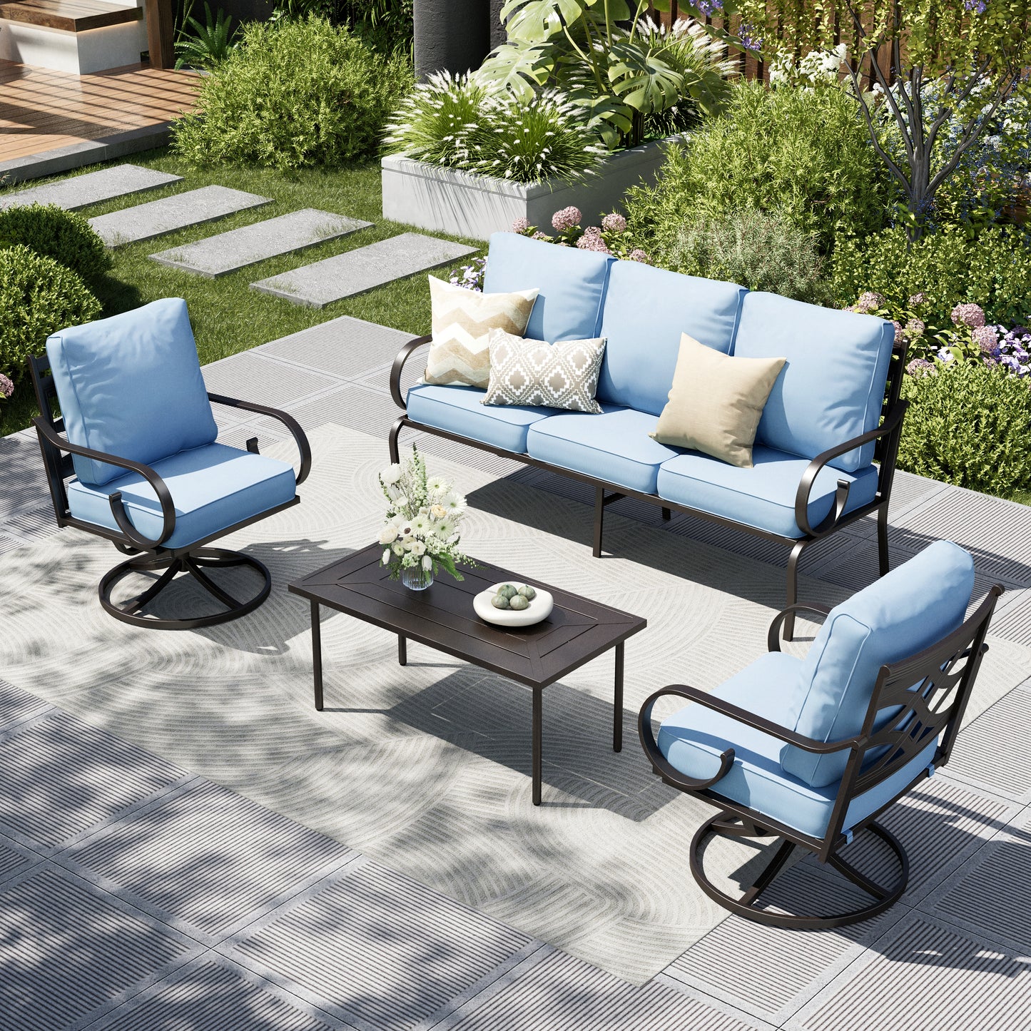 Captiva Designs 4pc Extra Large Metal Pattern-back Outdoor Patio Conversation Set with Coffee Table