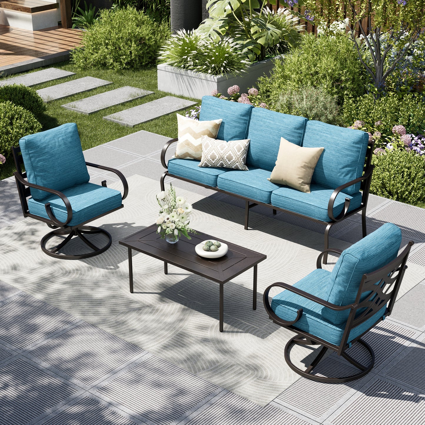 Captiva Designs 4pc Extra Large Metal Pattern-back Outdoor Patio Conversation Set with Coffee Table