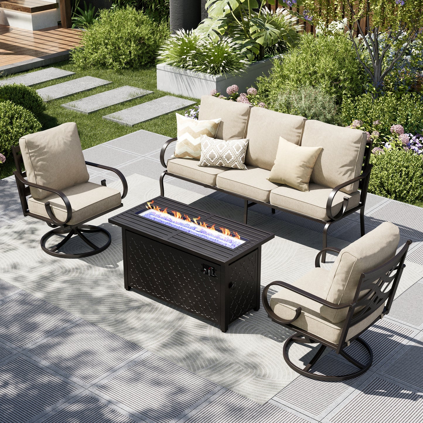 Captiva Designs 4pc Extra Large Metal Pattern-back Outdoor Patio Conversation Set with Fire Pit Table