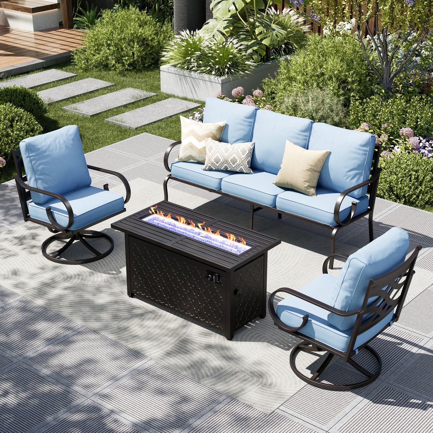 Captiva Designs 4pc Extra Large Metal Pattern-back Outdoor Patio Conversation Set with Fire Pit Table